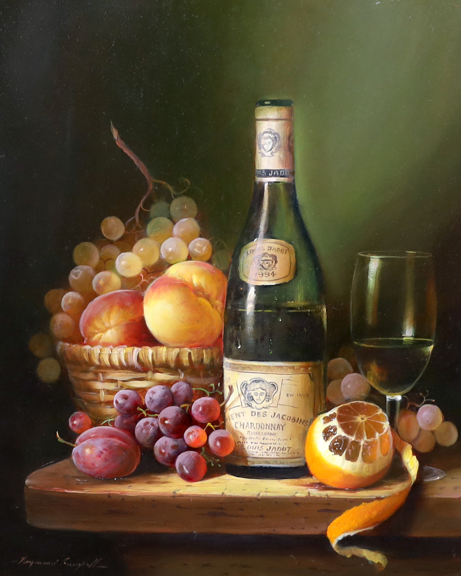 Raymond Campbell (English, b.1956), 'Louis Jabot 1994 Chardonnay', oil on panel, 50 x 40cm